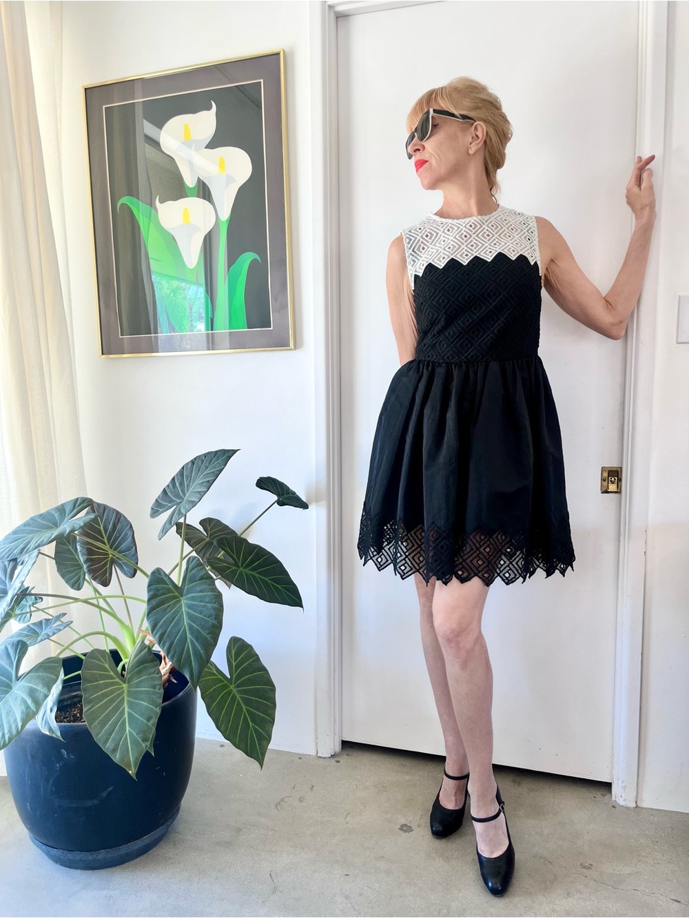 Sleeveless Black & White Lace Fit-and-Flare Dress